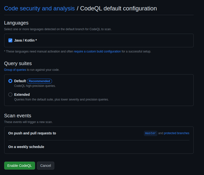 Screenshot of CodeQL config