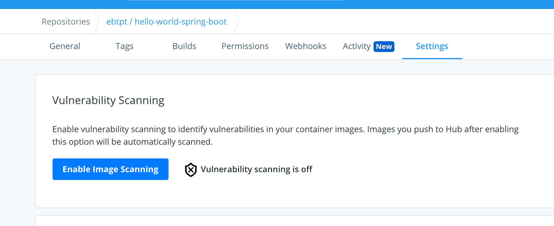 Screenshot of Docker Hub scanning settings