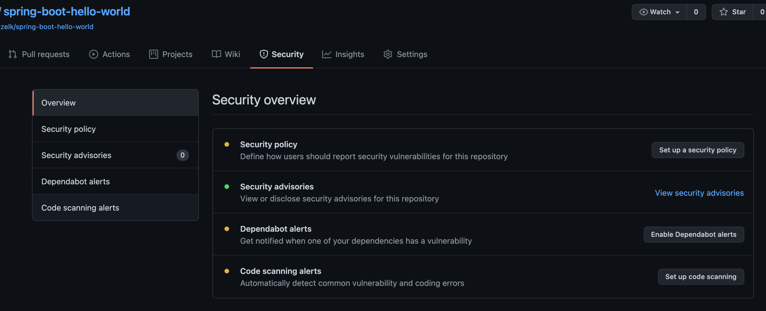 Screenshot of Github Security settings