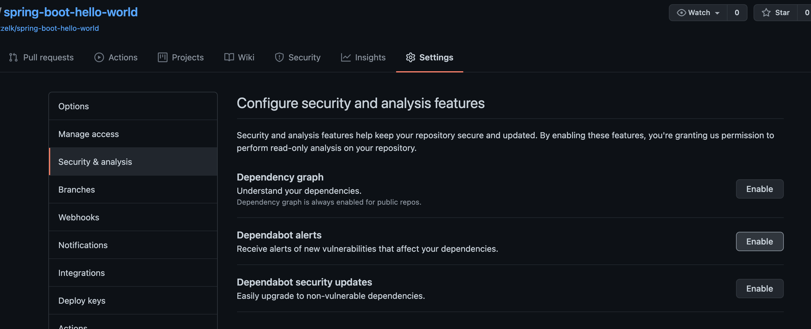 Screenshot of Github Security settings