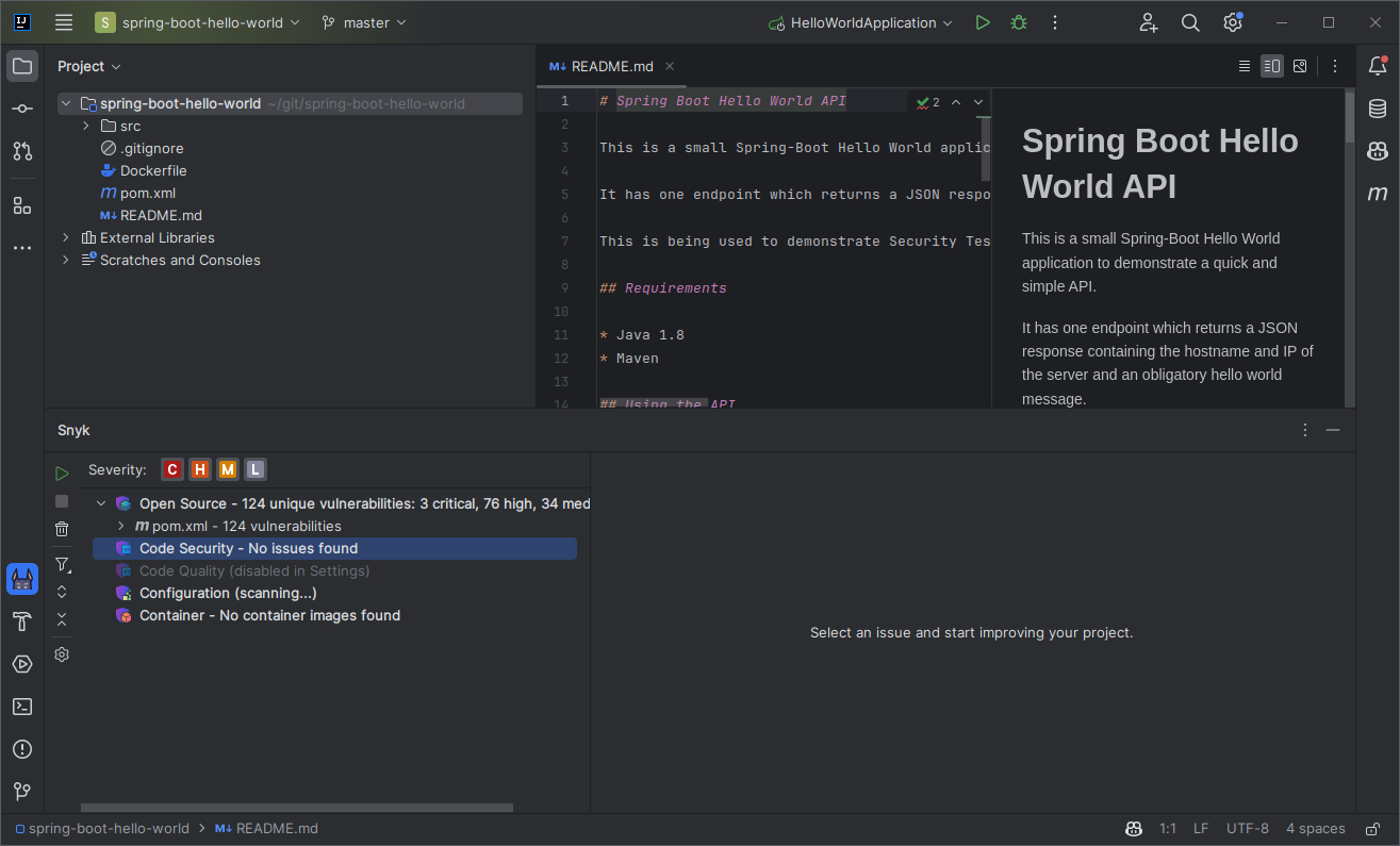 Screenshot of Snyk in IntelliJ